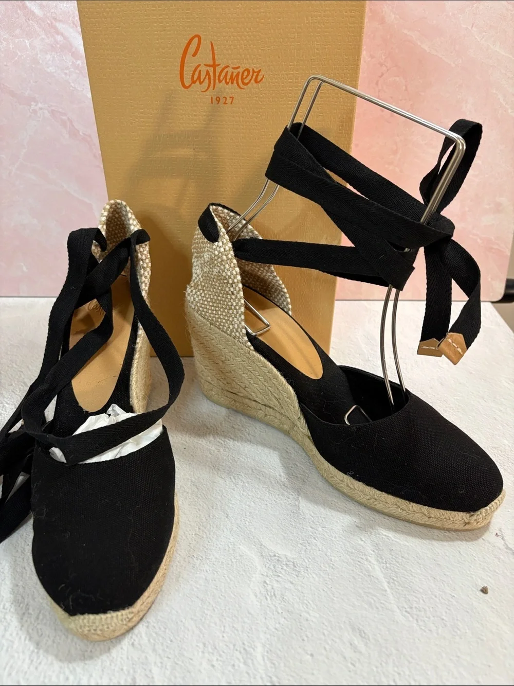 Castaner Carina Black Canvas Espadrille Wedges with Tie-Up Ribbons 39/ US 8 NWT